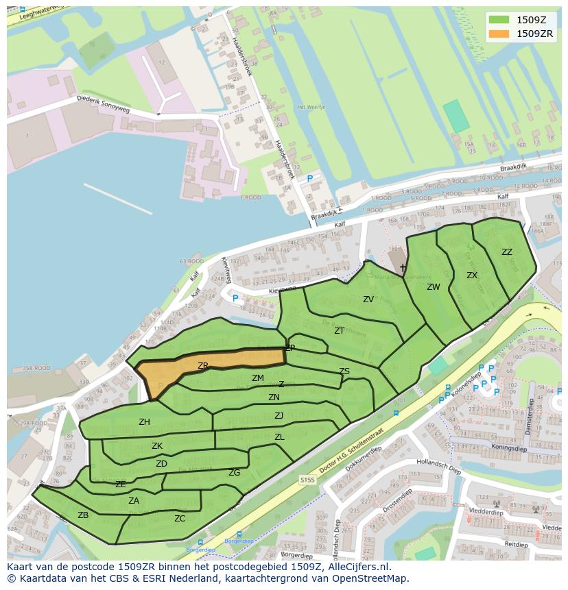 Afbeelding van het postcodegebied 1509 ZR op de kaart.