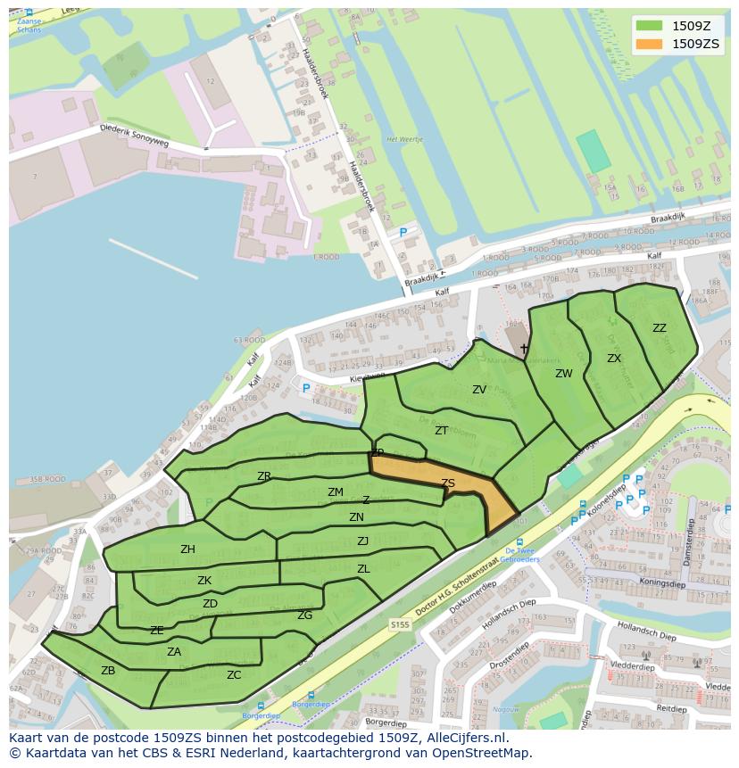 Afbeelding van het postcodegebied 1509 ZS op de kaart.