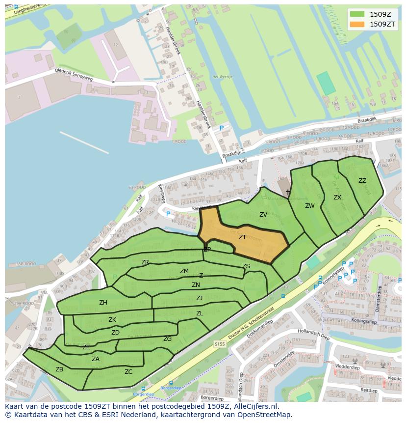 Afbeelding van het postcodegebied 1509 ZT op de kaart.