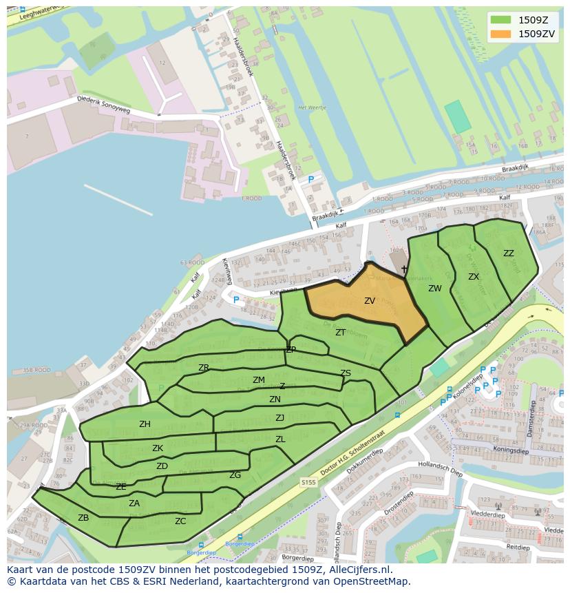 Afbeelding van het postcodegebied 1509 ZV op de kaart.