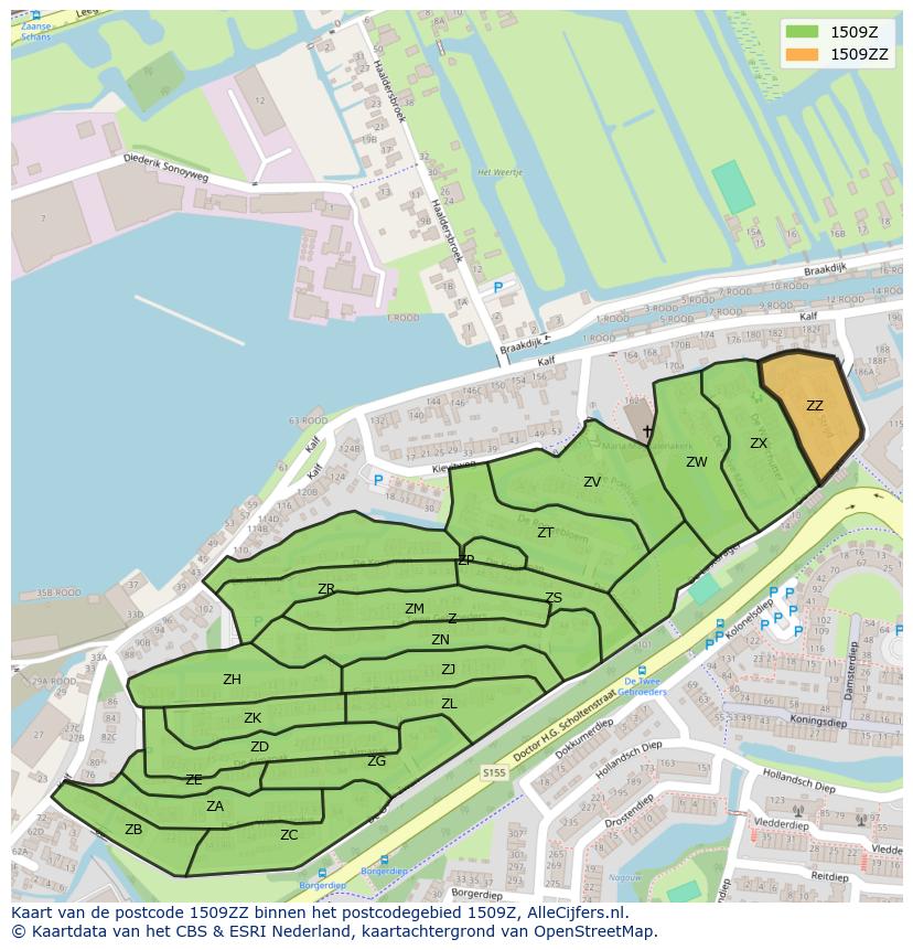 Afbeelding van het postcodegebied 1509 ZZ op de kaart.