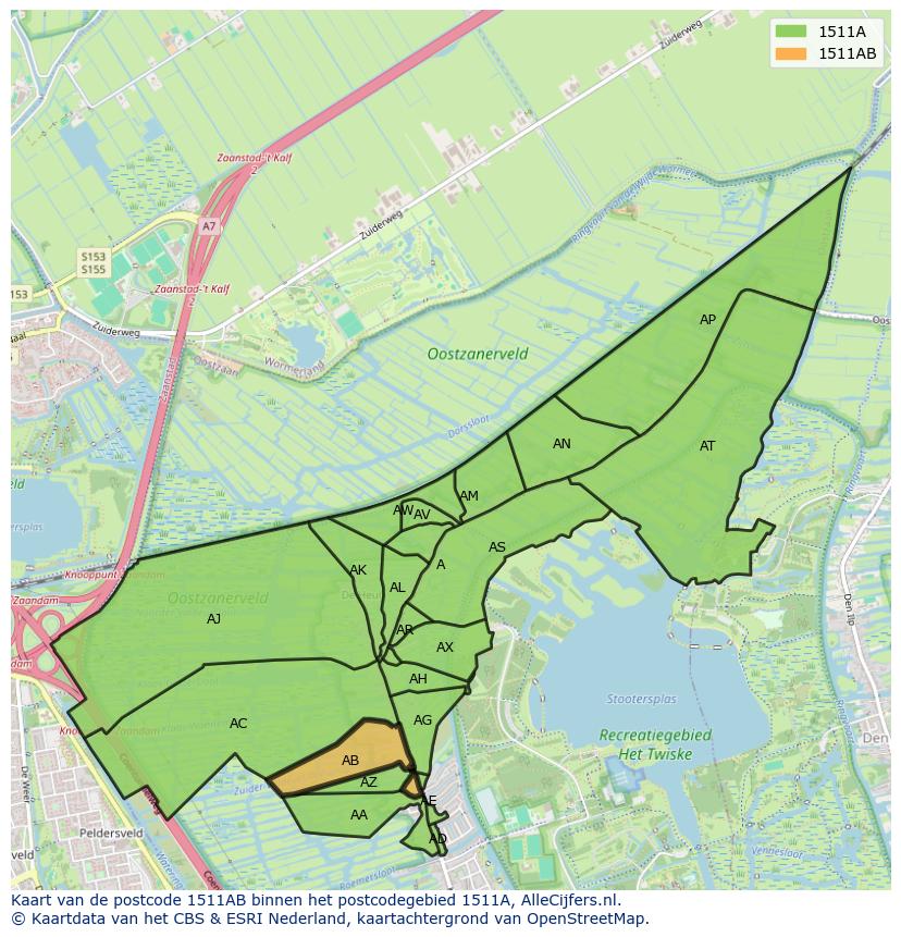 Afbeelding van het postcodegebied 1511 AB op de kaart.
