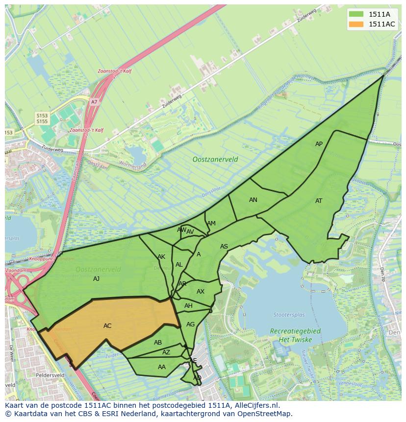 Afbeelding van het postcodegebied 1511 AC op de kaart.