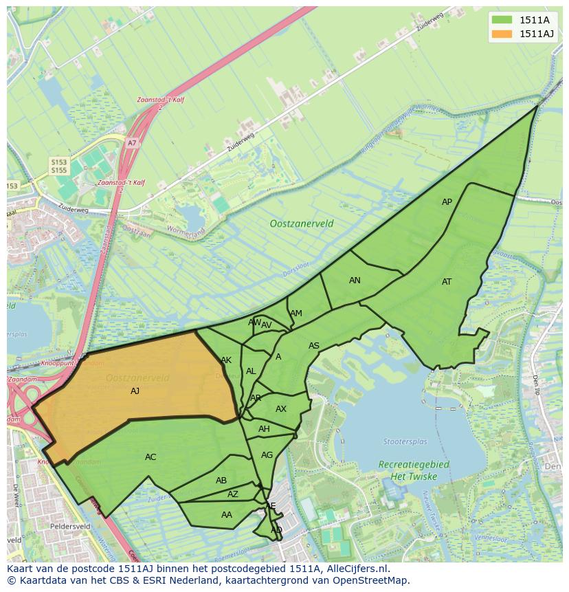 Afbeelding van het postcodegebied 1511 AJ op de kaart.