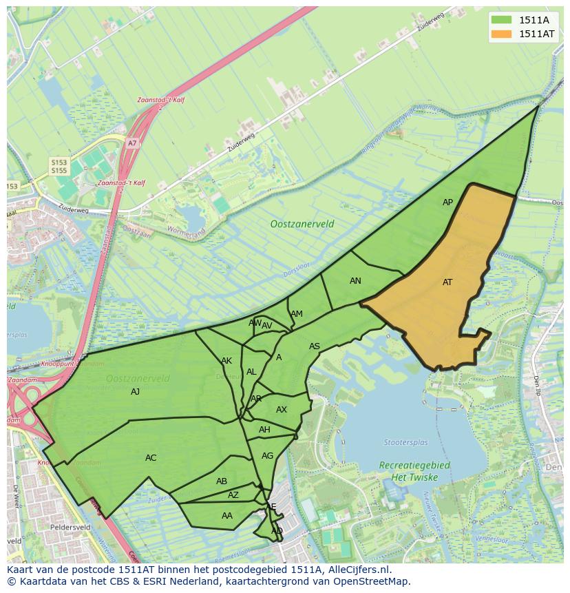 Afbeelding van het postcodegebied 1511 AT op de kaart.