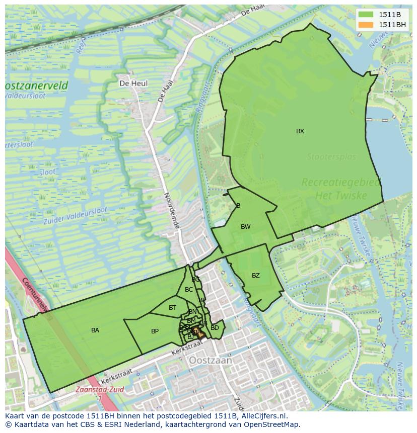 Afbeelding van het postcodegebied 1511 BH op de kaart.