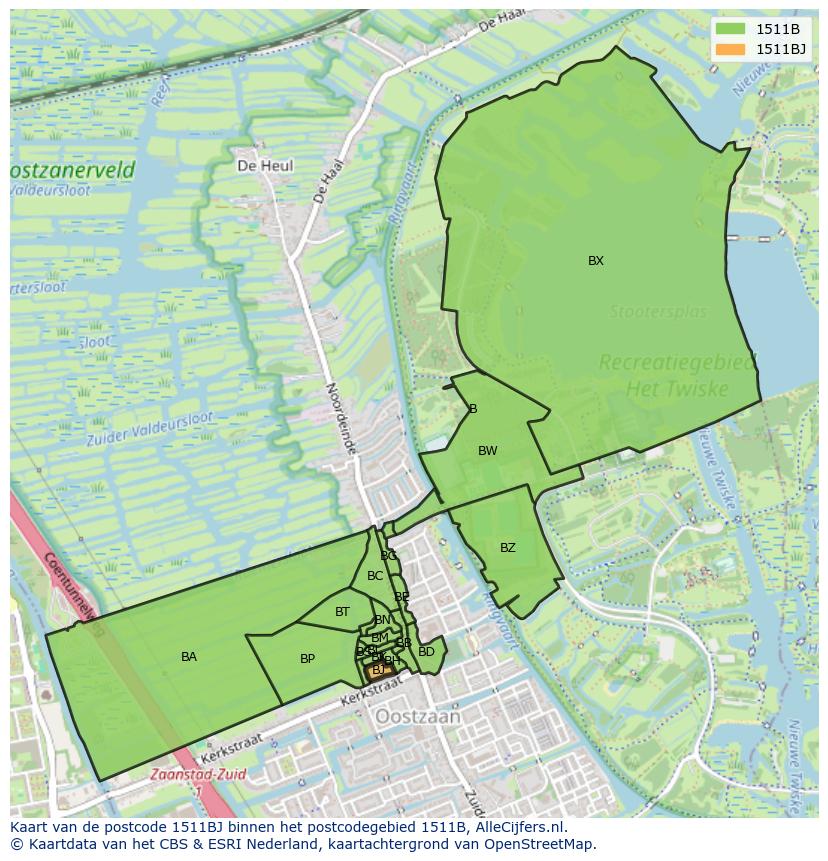 Afbeelding van het postcodegebied 1511 BJ op de kaart.