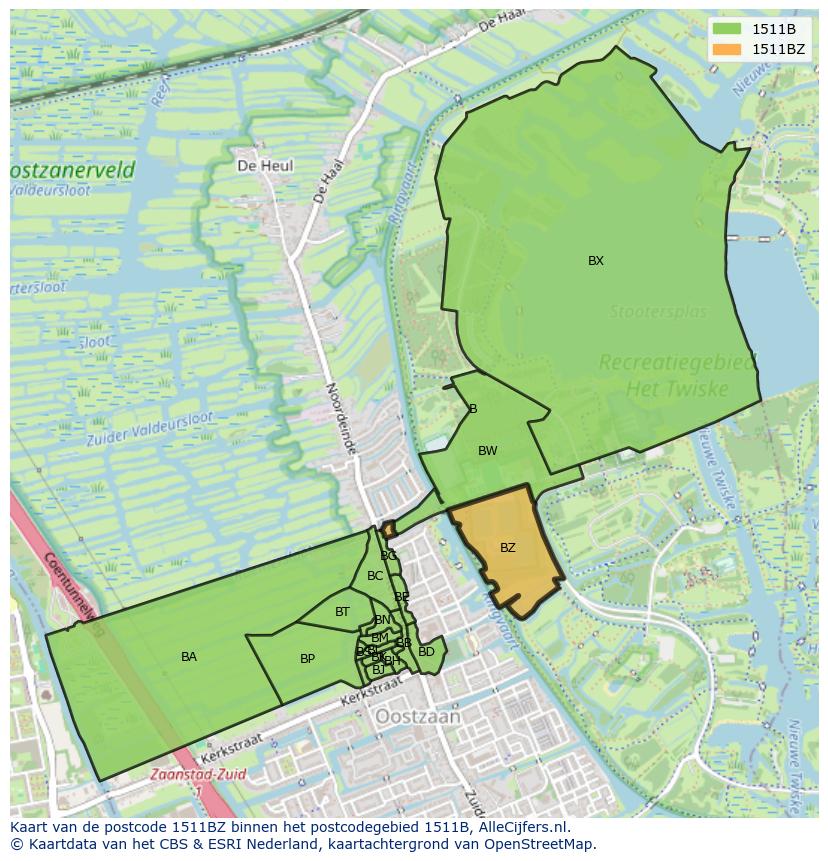 Afbeelding van het postcodegebied 1511 BZ op de kaart.
