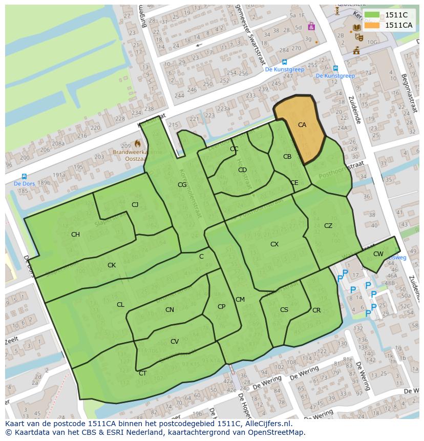 Afbeelding van het postcodegebied 1511 CA op de kaart.