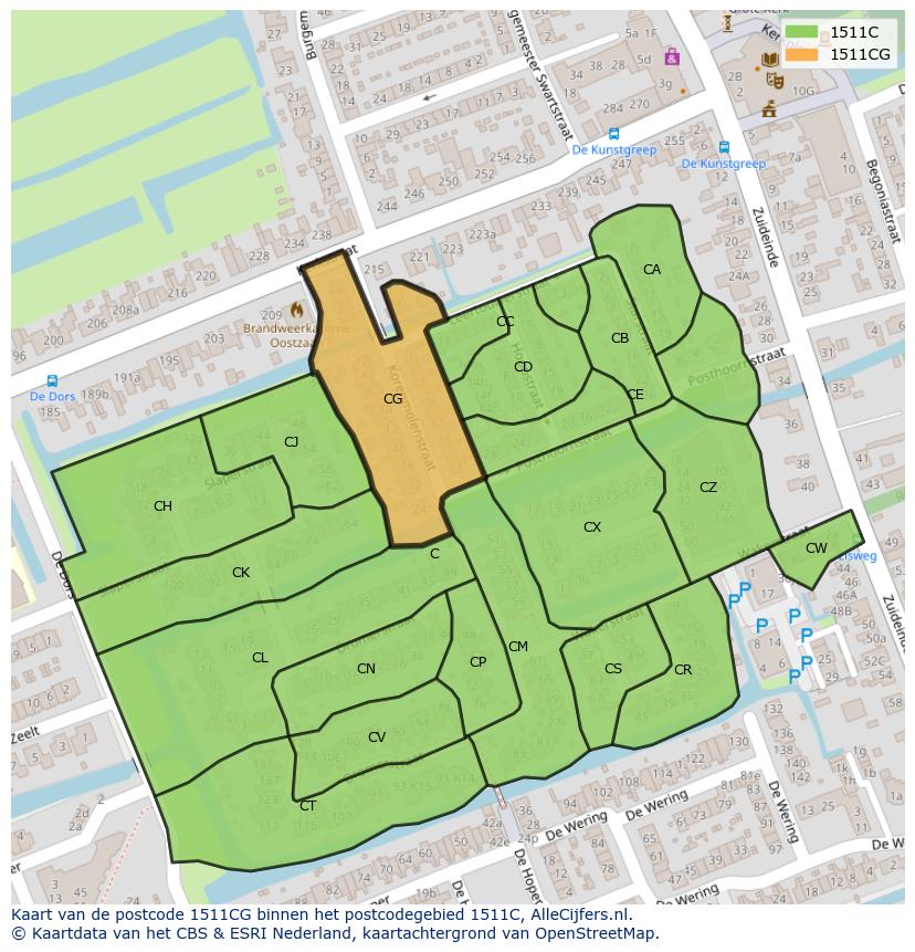 Afbeelding van het postcodegebied 1511 CG op de kaart.