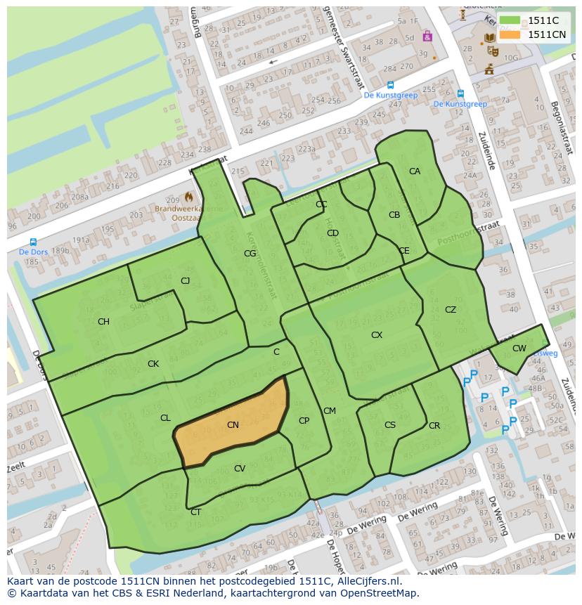 Afbeelding van het postcodegebied 1511 CN op de kaart.