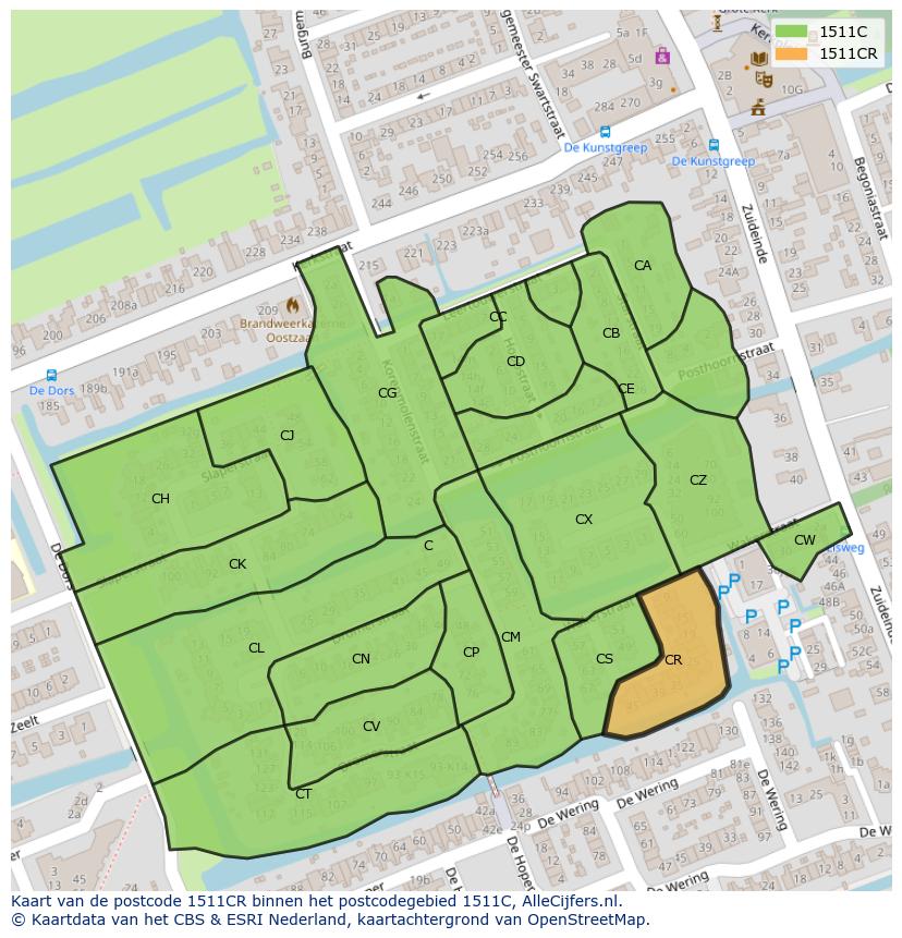 Afbeelding van het postcodegebied 1511 CR op de kaart.
