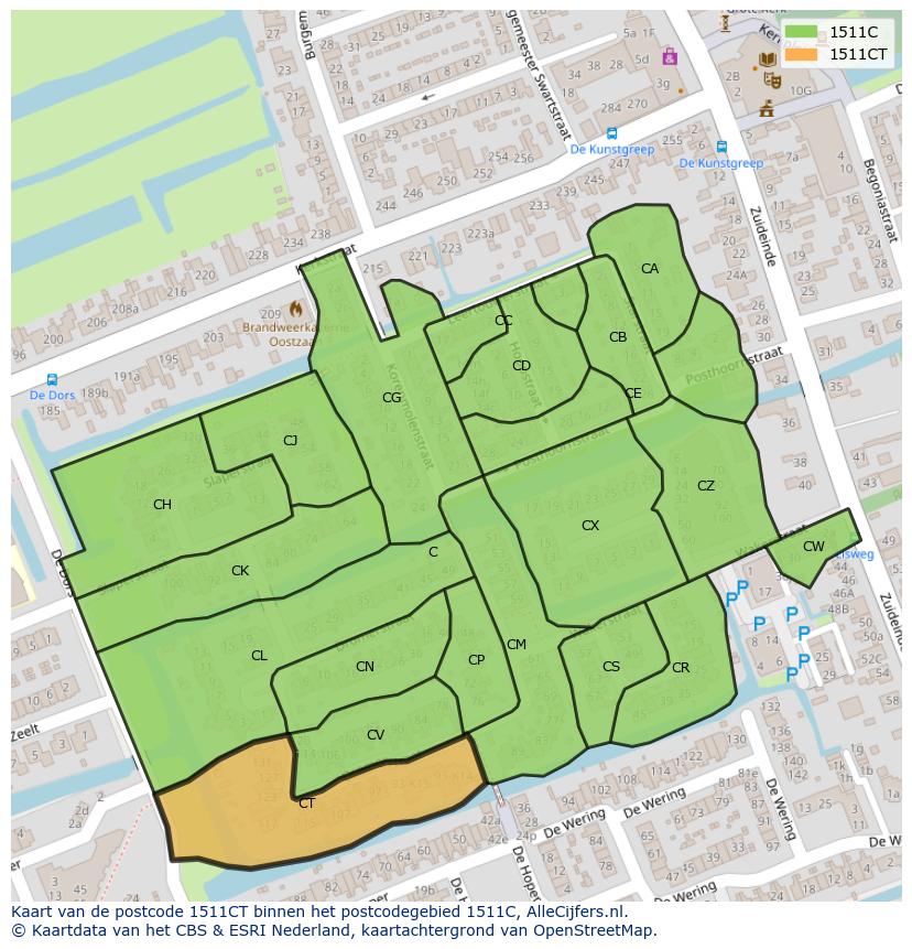 Afbeelding van het postcodegebied 1511 CT op de kaart.