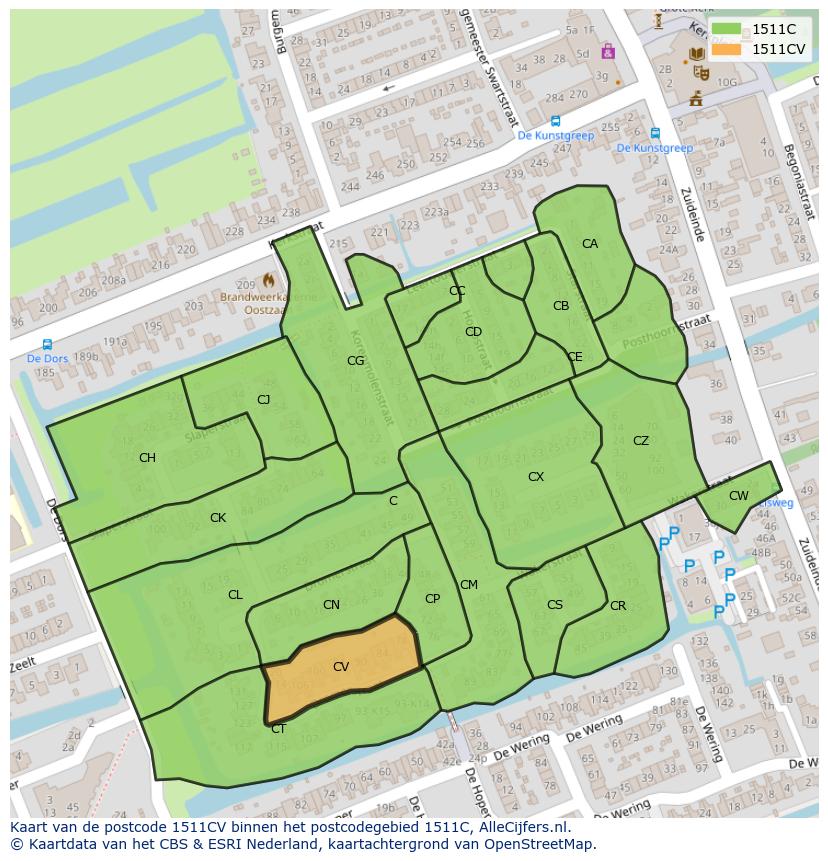 Afbeelding van het postcodegebied 1511 CV op de kaart.