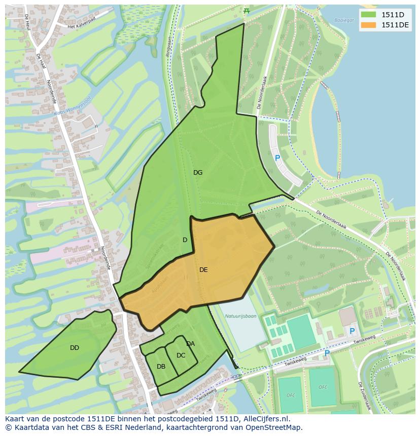 Afbeelding van het postcodegebied 1511 DE op de kaart.