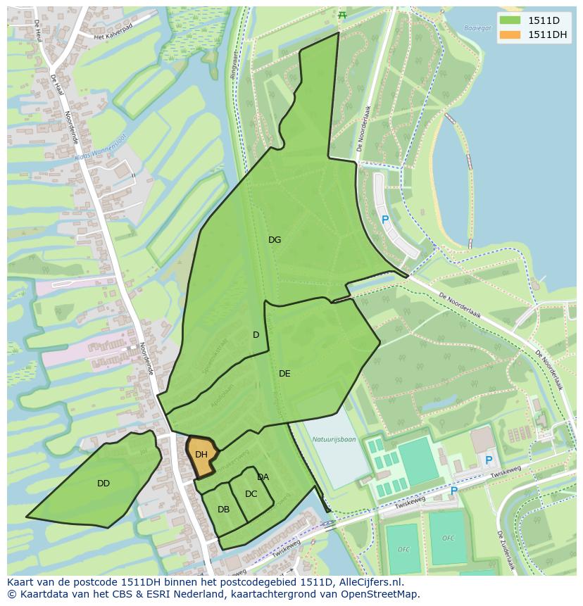Afbeelding van het postcodegebied 1511 DH op de kaart.