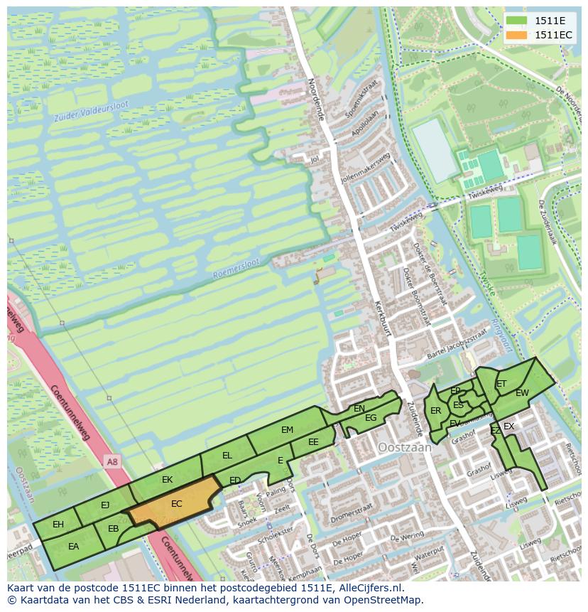Afbeelding van het postcodegebied 1511 EC op de kaart.