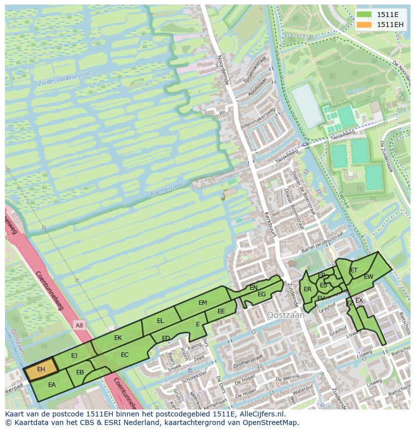 Afbeelding van het postcodegebied 1511 EH op de kaart.