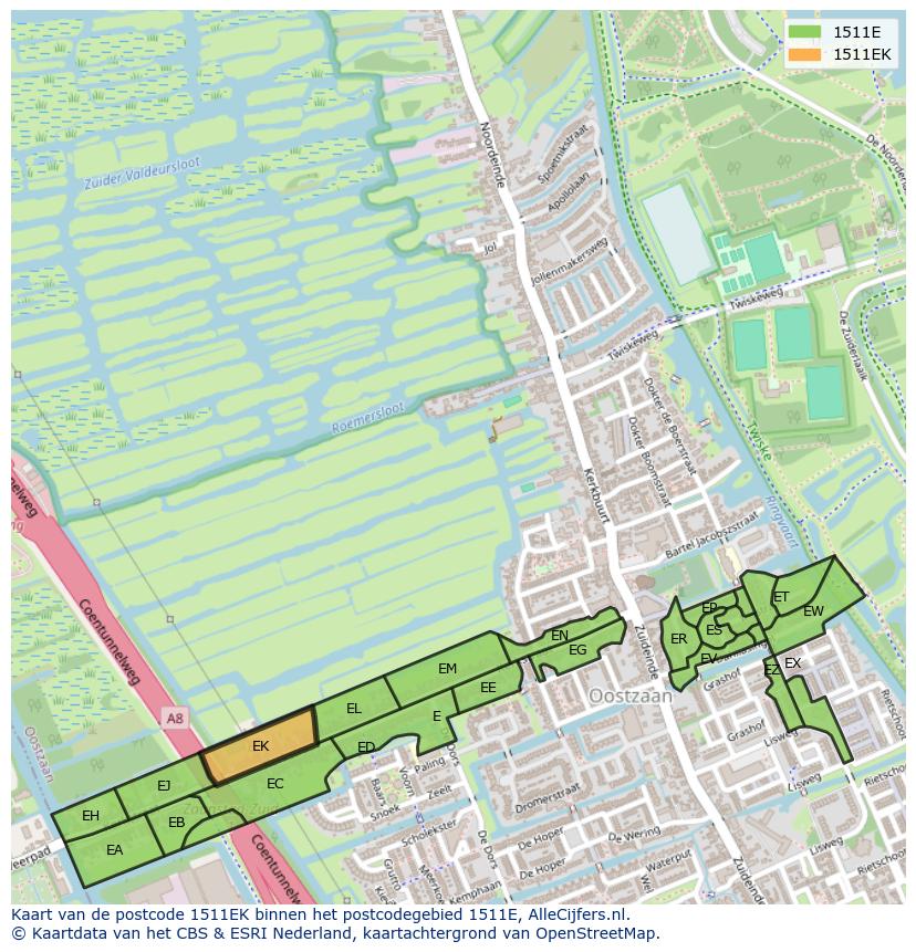 Afbeelding van het postcodegebied 1511 EK op de kaart.