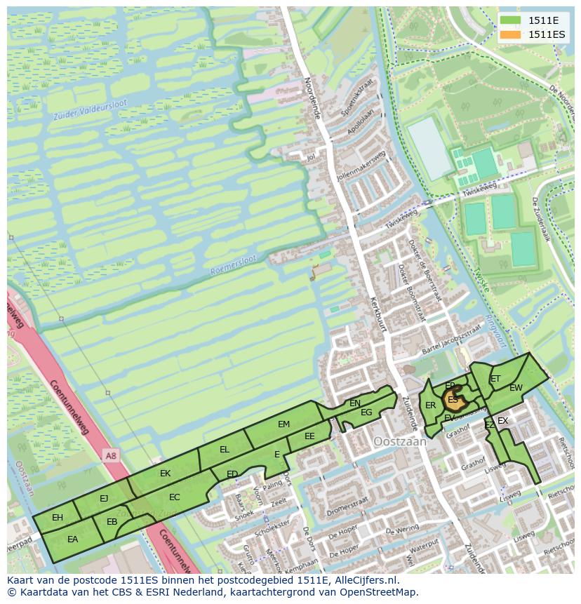 Afbeelding van het postcodegebied 1511 ES op de kaart.