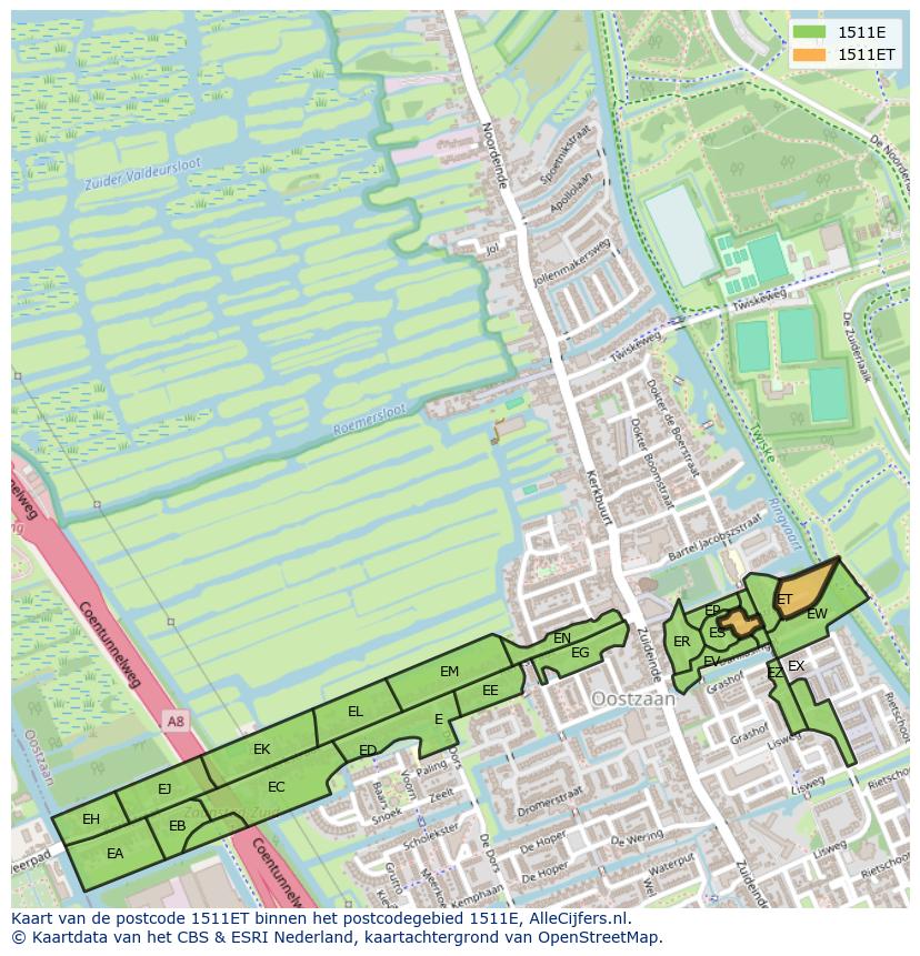 Afbeelding van het postcodegebied 1511 ET op de kaart.