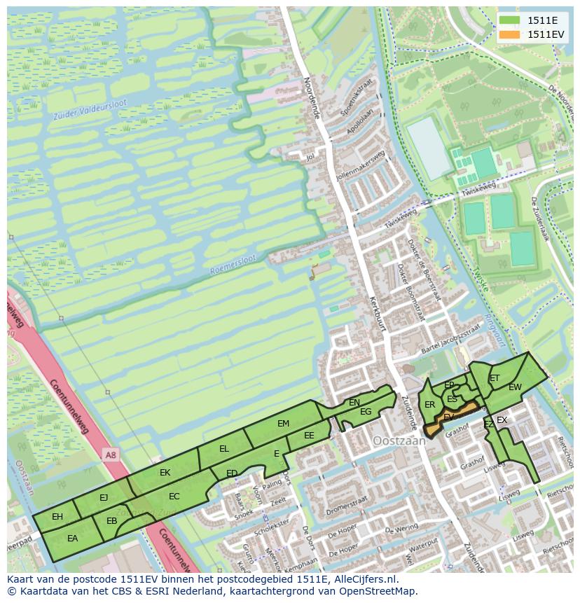 Afbeelding van het postcodegebied 1511 EV op de kaart.