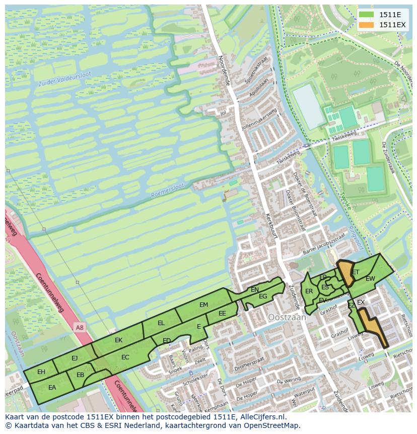 Afbeelding van het postcodegebied 1511 EX op de kaart.