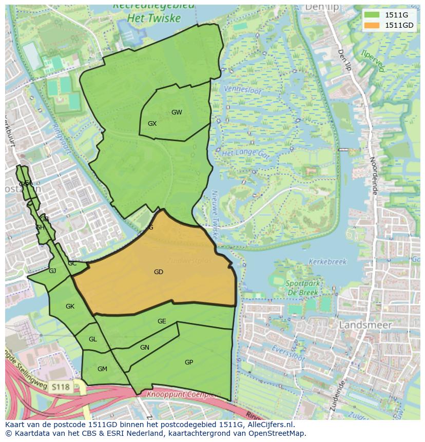 Afbeelding van het postcodegebied 1511 GD op de kaart.