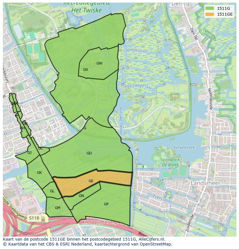 Afbeelding van het postcodegebied 1511 GE op de kaart.