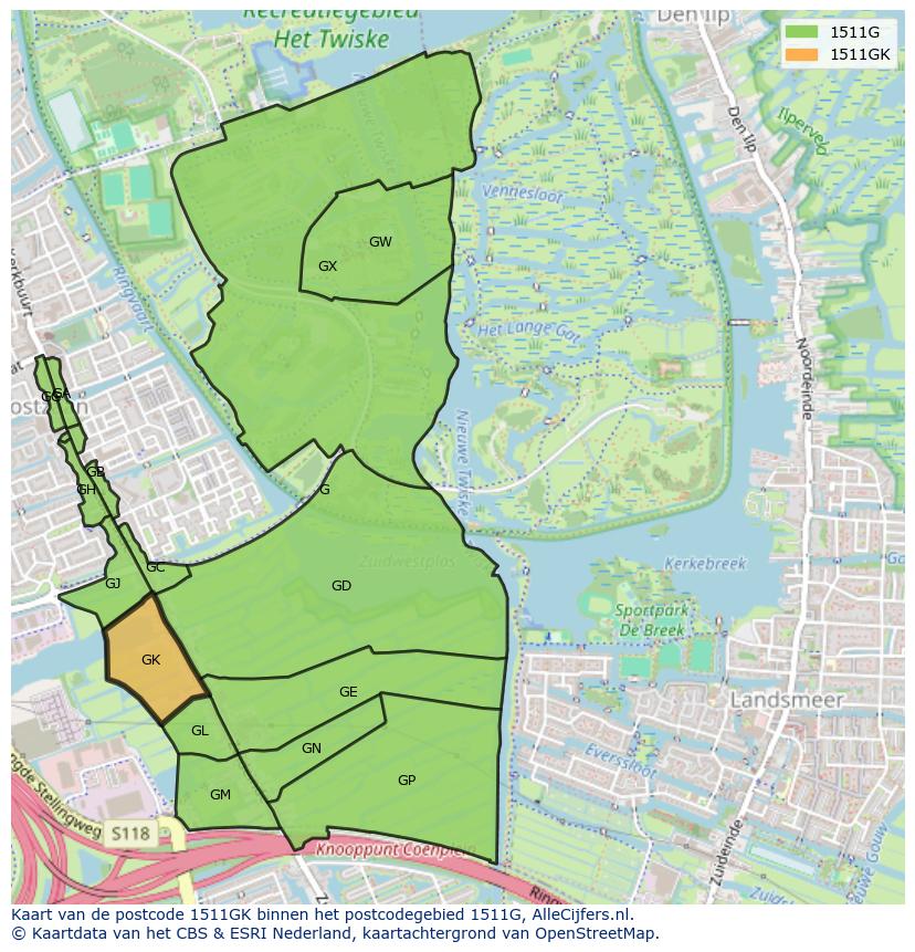 Afbeelding van het postcodegebied 1511 GK op de kaart.