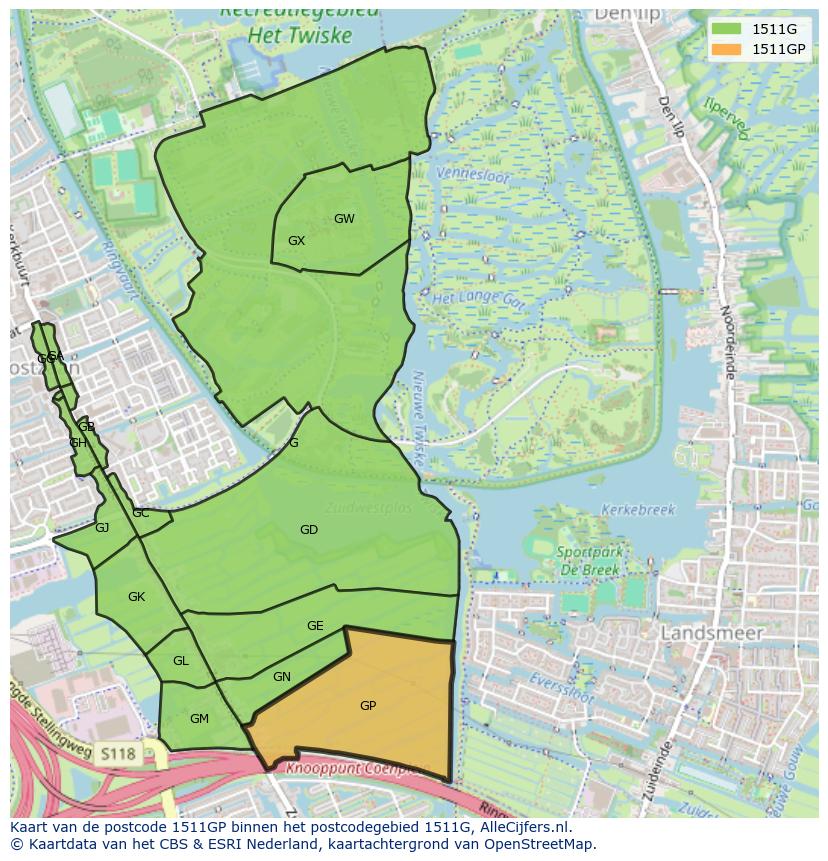 Afbeelding van het postcodegebied 1511 GP op de kaart.