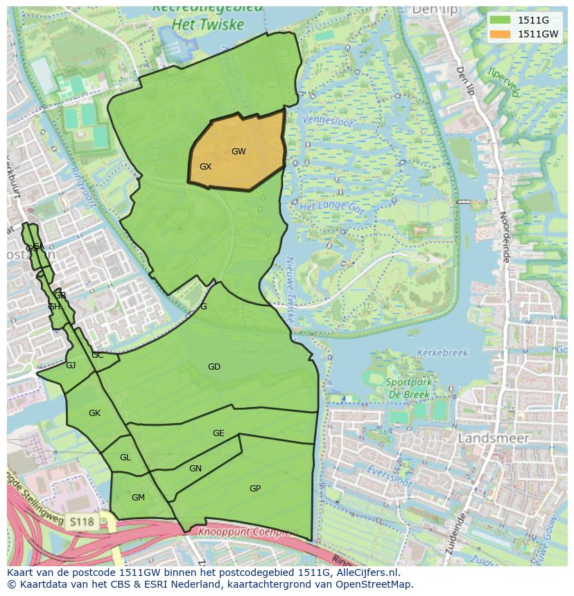 Afbeelding van het postcodegebied 1511 GW op de kaart.