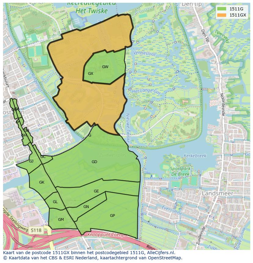 Afbeelding van het postcodegebied 1511 GX op de kaart.