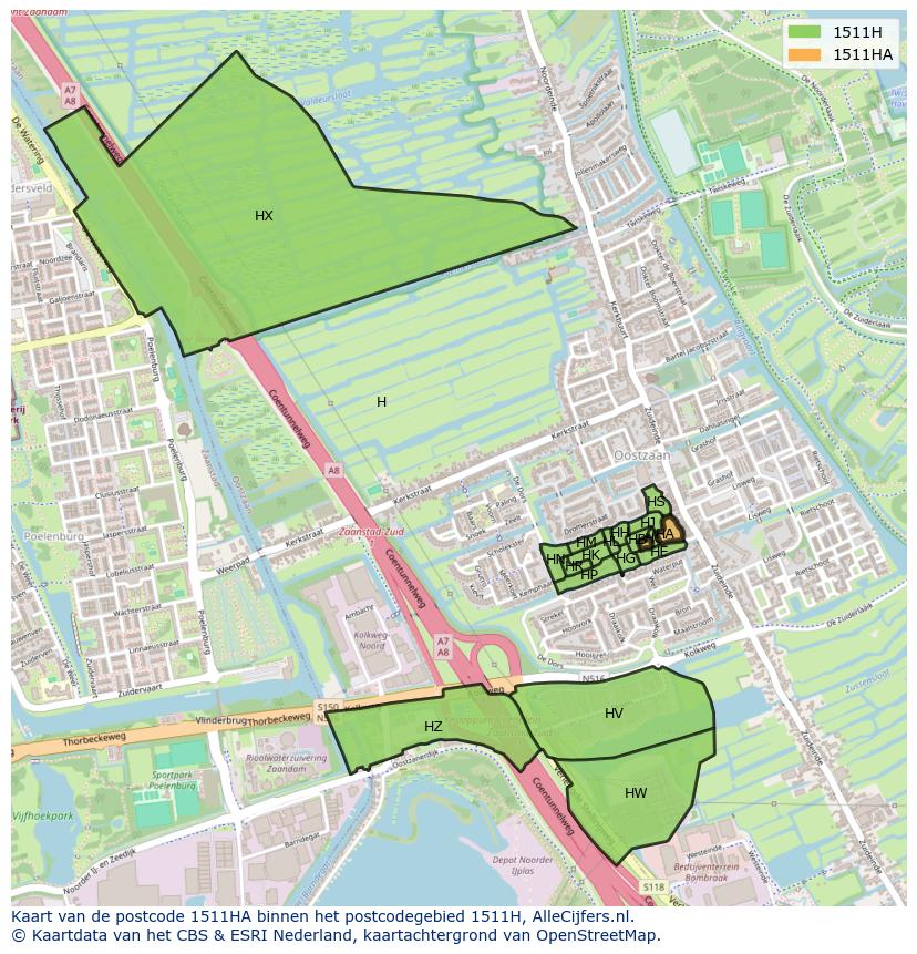 Afbeelding van het postcodegebied 1511 HA op de kaart.