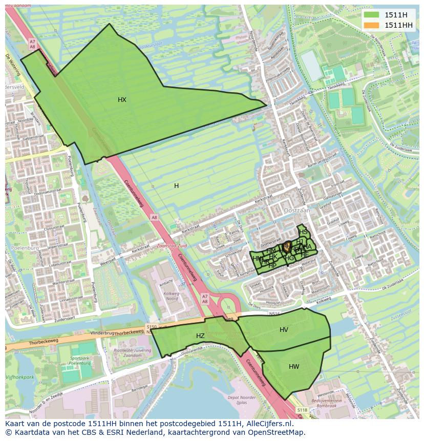 Afbeelding van het postcodegebied 1511 HH op de kaart.