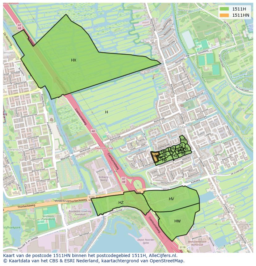 Afbeelding van het postcodegebied 1511 HN op de kaart.