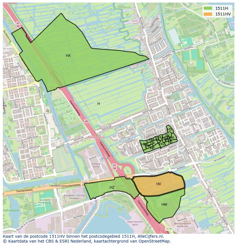 Afbeelding van het postcodegebied 1511 HV op de kaart.