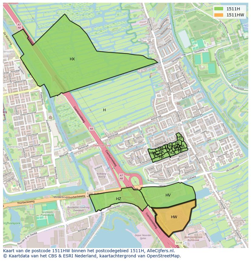 Afbeelding van het postcodegebied 1511 HW op de kaart.