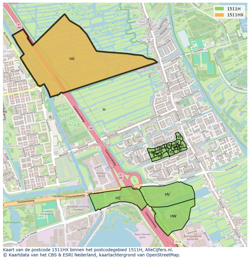 Afbeelding van het postcodegebied 1511 HX op de kaart.