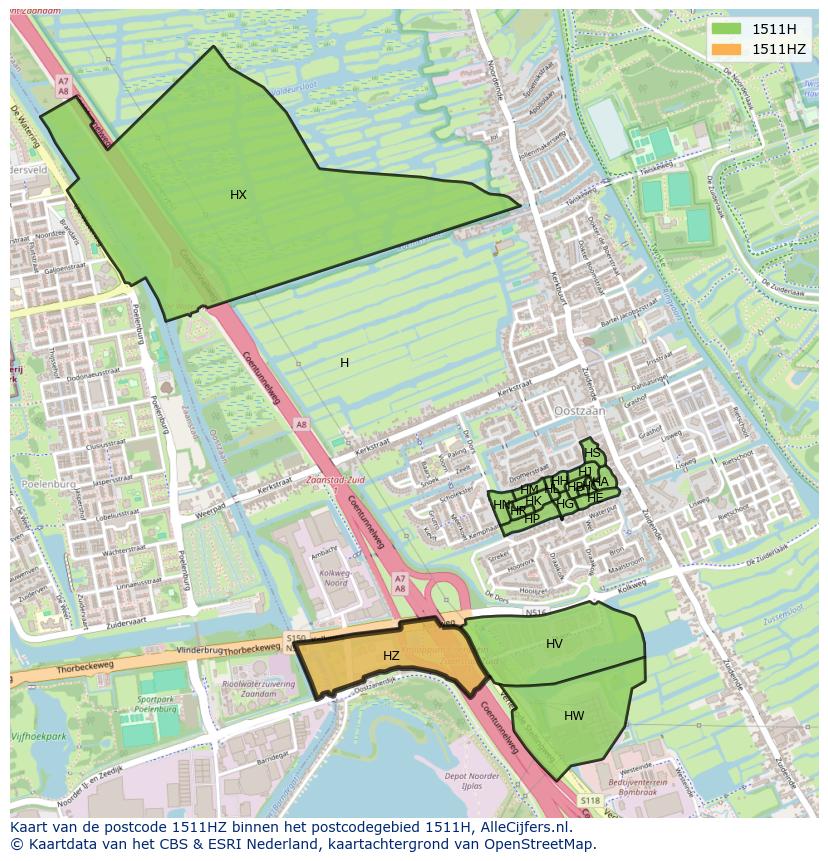 Afbeelding van het postcodegebied 1511 HZ op de kaart.
