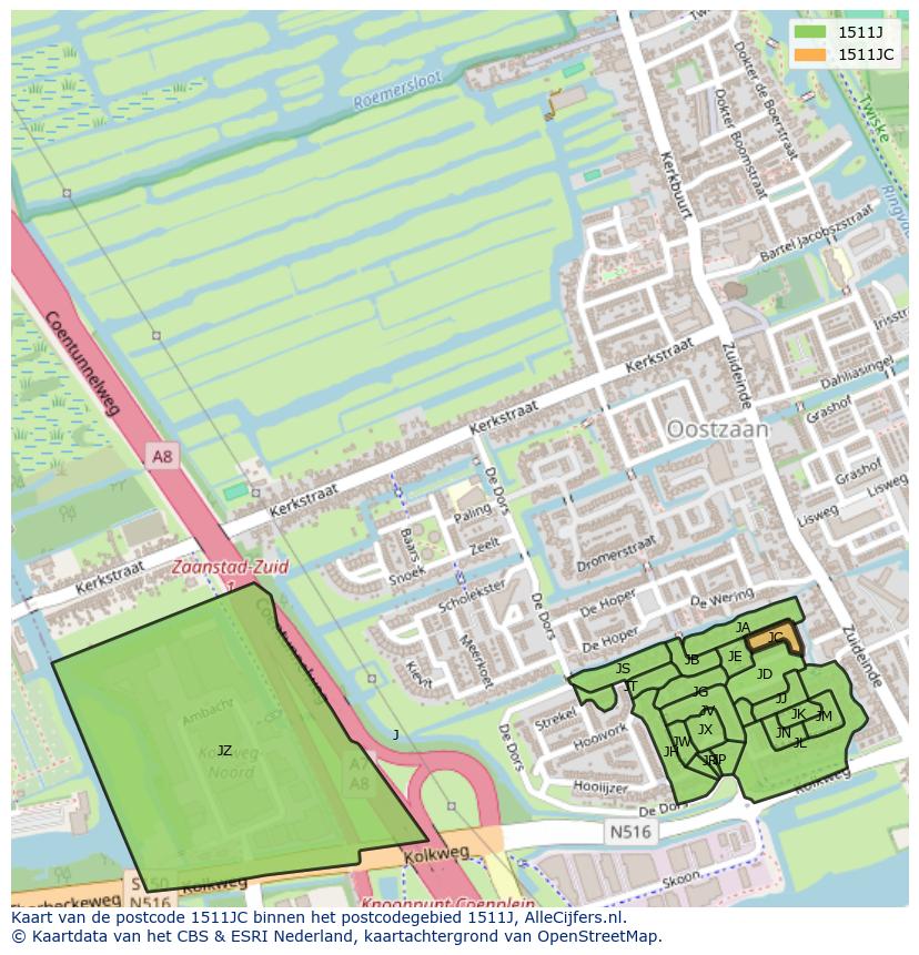 Afbeelding van het postcodegebied 1511 JC op de kaart.