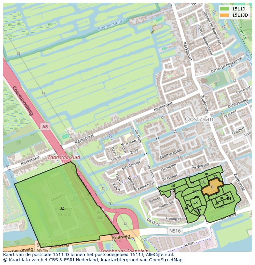 Afbeelding van het postcodegebied 1511 JD op de kaart.