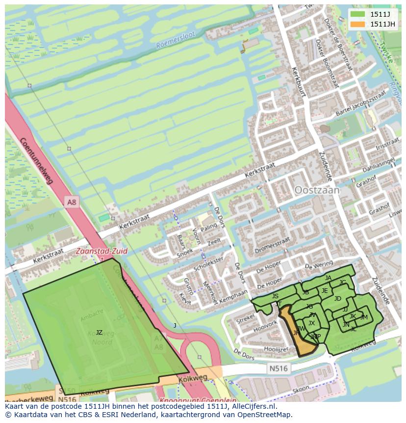 Afbeelding van het postcodegebied 1511 JH op de kaart.