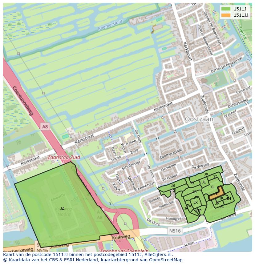 Afbeelding van het postcodegebied 1511 JJ op de kaart.