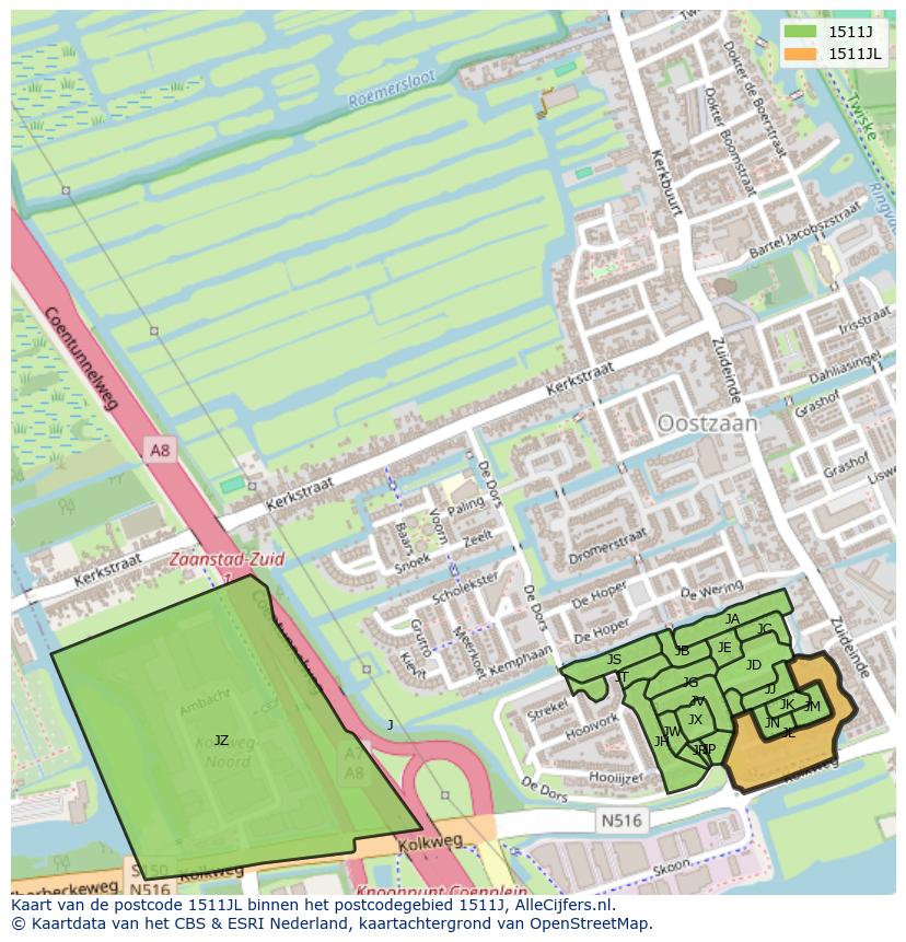 Afbeelding van het postcodegebied 1511 JL op de kaart.