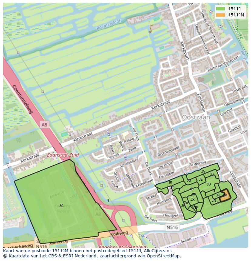 Afbeelding van het postcodegebied 1511 JM op de kaart.