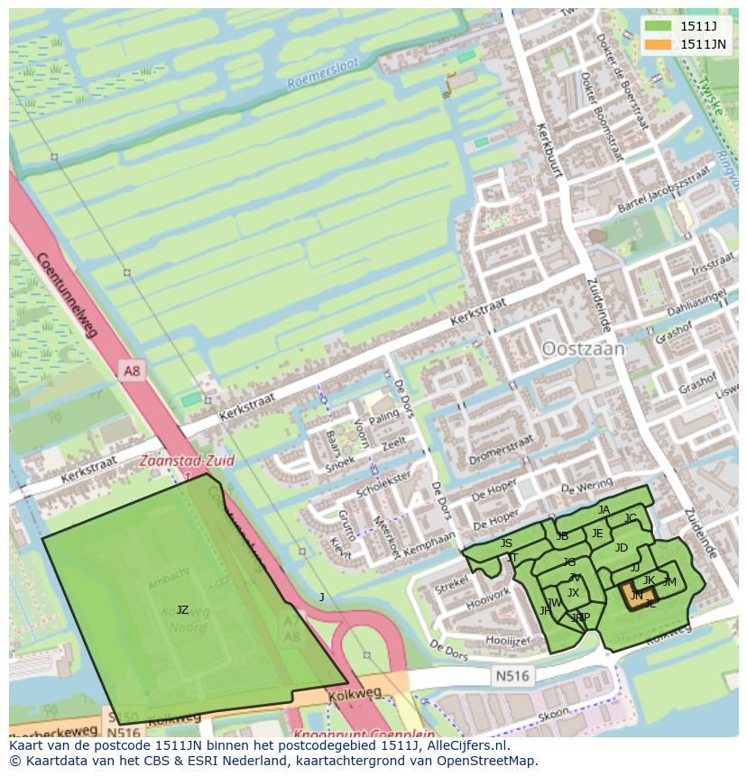 Afbeelding van het postcodegebied 1511 JN op de kaart.