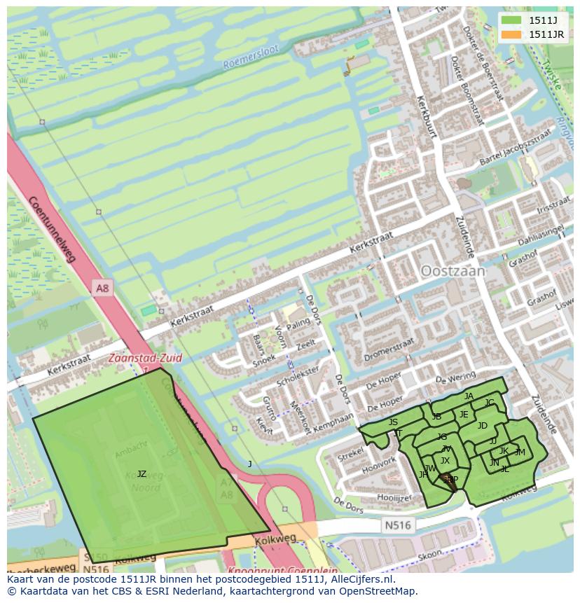 Afbeelding van het postcodegebied 1511 JR op de kaart.