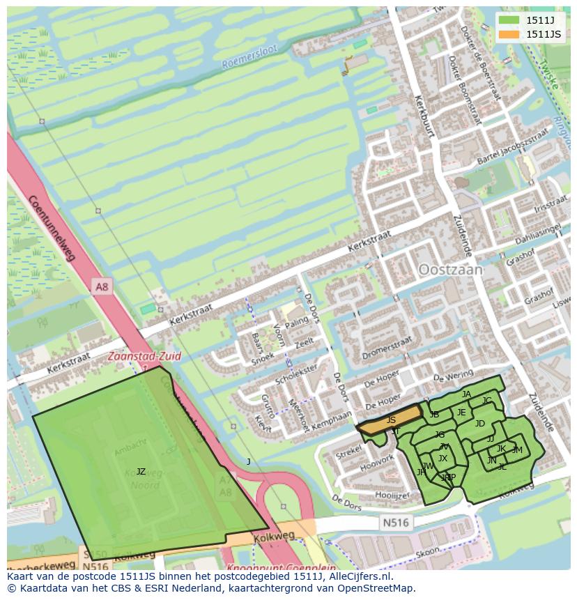 Afbeelding van het postcodegebied 1511 JS op de kaart.
