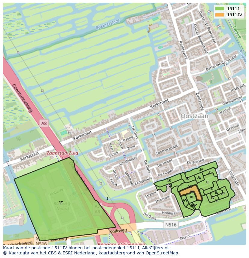Afbeelding van het postcodegebied 1511 JV op de kaart.